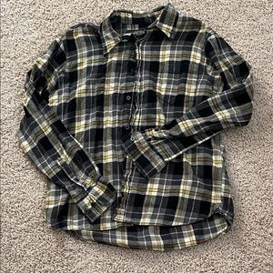 Casual Black and Yellow Plaid Button Down Shirt